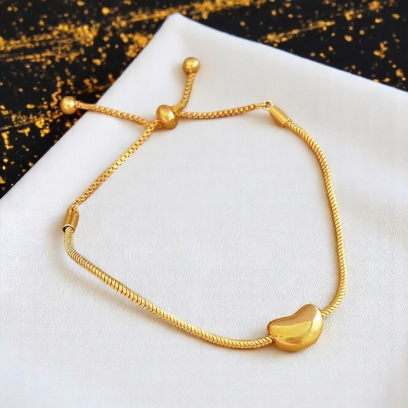 🆕 18K Gold Plated Stainless Steel Adjustable Bracelet With Smooth Bean Charm - Picture 4 of 12